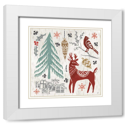 Woodcut Christmas V Color White Modern Wood Framed Art Print with Double Matting by Brissonnet, Daphne