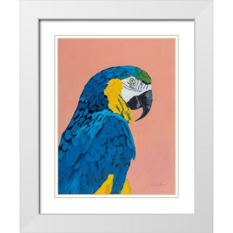 Blue and Gold Macaw White Modern Wood Framed Art Print with Double Matting by Munger, Pamela