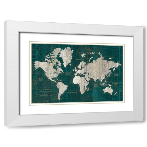 Old World Map Teal White Modern Wood Framed Art Print with Double Matting by Wild Apple Portfolio