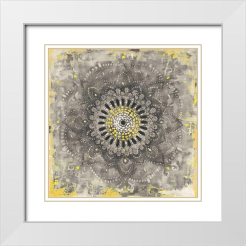 Gray Concentric Mandala White Modern Wood Framed Art Print with Double Matting by Nai, Danhui