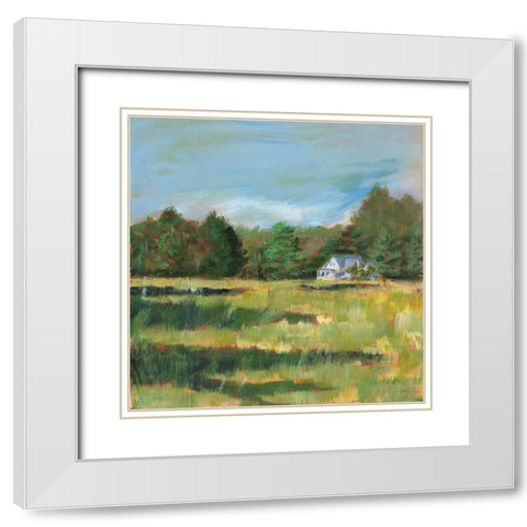 Farmhouse Across the Meadow White Modern Wood Framed Art Print with Double Matting by Schlabach, Sue