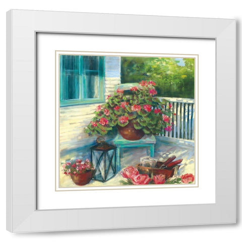 Porch Geraniums White Modern Wood Framed Art Print with Double Matting by Rowan, Carol
