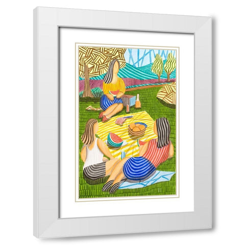 Tres Chicas merendando en el Campo White Modern Wood Framed Art Print with Double Matting by Ortas, Javier