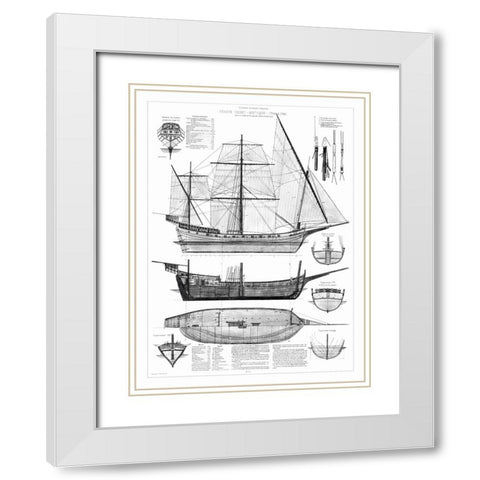 Custom Antique Ship Blueprint in BW I White Modern Wood Framed Art Print with Double Matting by Vision Studio