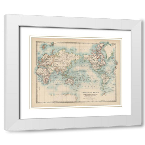 Johnstons Chart of the World White Modern Wood Framed Art Print with Double Matting by Johnston