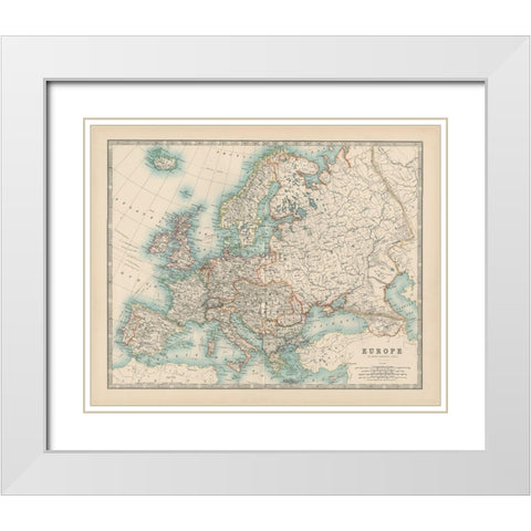 Johnstons Map of Europe White Modern Wood Framed Art Print with Double Matting by Johnston