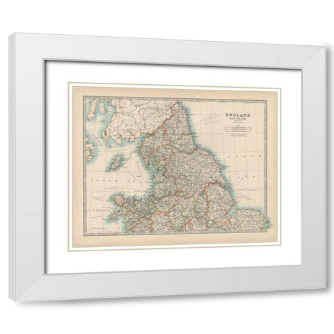 Johnstons Map of England and Wales White Modern Wood Framed Art Print with Double Matting by Johnston