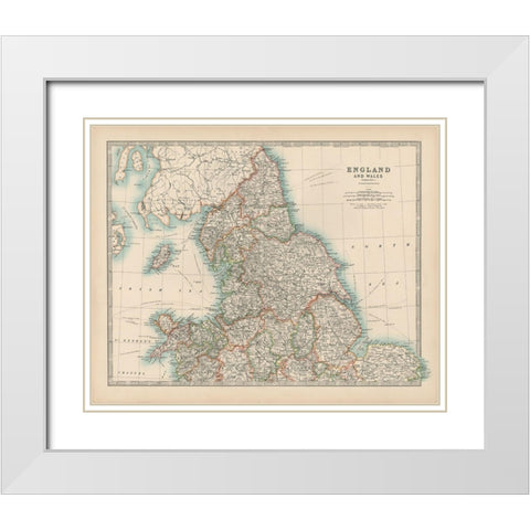 Johnstons Map of England and Wales White Modern Wood Framed Art Print with Double Matting by Johnston