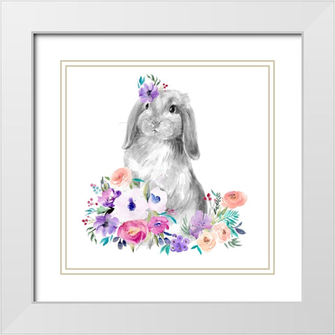 Bright Floral Bunny I White Modern Wood Framed Art Print with Double Matting by Parker, Jennifer Paxton