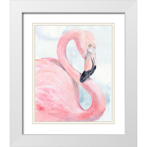 Pink Flamingo Portrait I White Modern Wood Framed Art Print with Double Matting by Parker, Jennifer Paxton