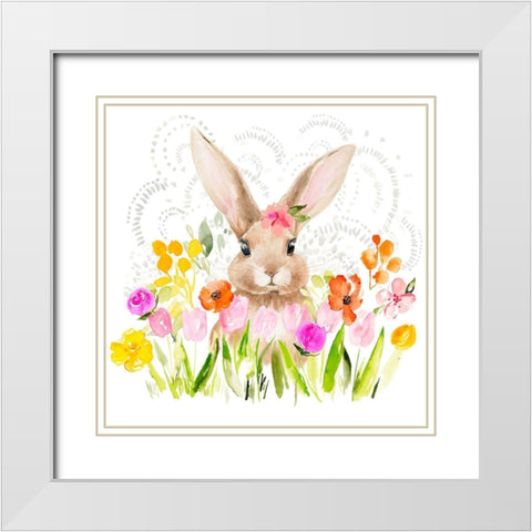 April Flowers and Bunny I White Modern Wood Framed Art Print with Double Matting by Parker, Jennifer Paxton