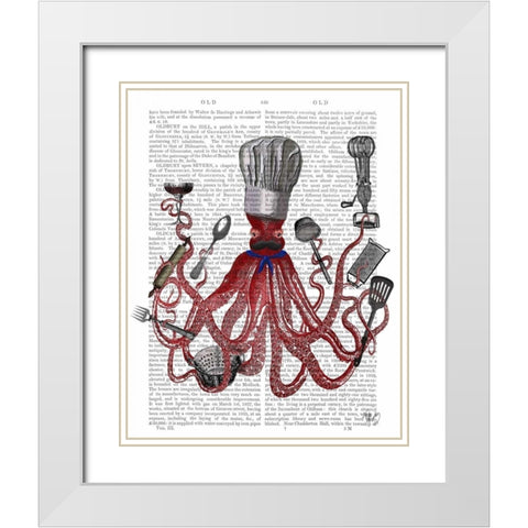 Octopus Fabulous French Chef White Modern Wood Framed Art Print with Double Matting by Fab Funky