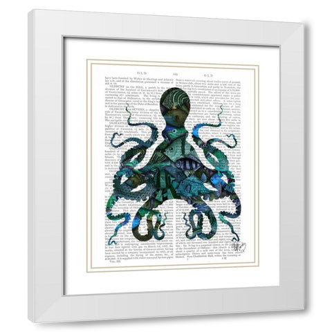 Fishy Blue Octopus White Modern Wood Framed Art Print with Double Matting by Fab Funky