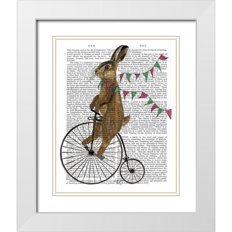 Rabbit On Penny Farthing White Modern Wood Framed Art Print with Double Matting by Fab Funky