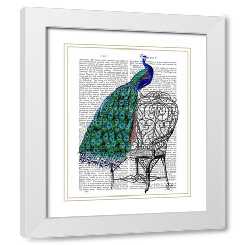 Peacock on Chair White Modern Wood Framed Art Print with Double Matting by Fab Funky