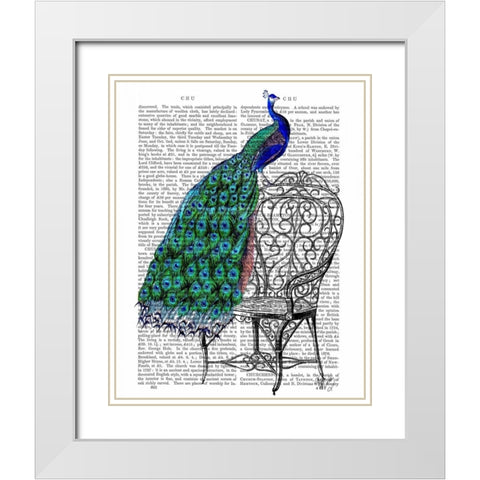 Peacock on Chair White Modern Wood Framed Art Print with Double Matting by Fab Funky