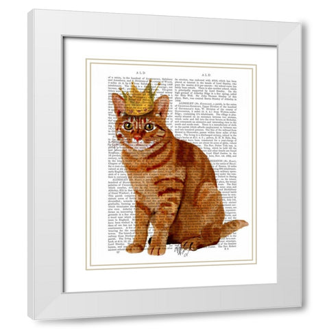 Ginger Cat with Crown Full White Modern Wood Framed Art Print with Double Matting by Fab Funky