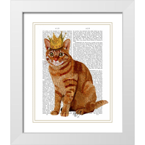 Ginger Cat with Crown Full White Modern Wood Framed Art Print with Double Matting by Fab Funky