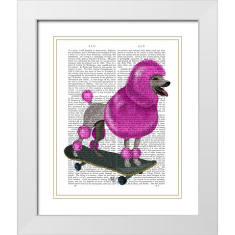 Pink Poodle and Skateboard White Modern Wood Framed Art Print with Double Matting by Fab Funky