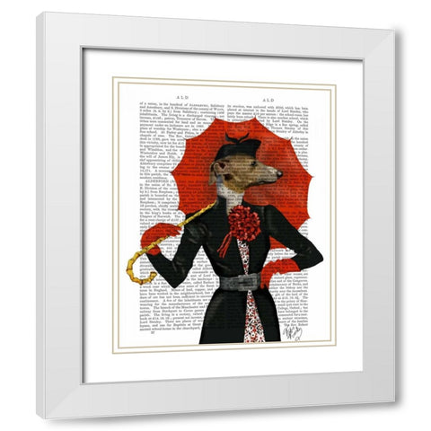 Elegant Greyhound and Red Umbrella White Modern Wood Framed Art Print with Double Matting by Fab Funky