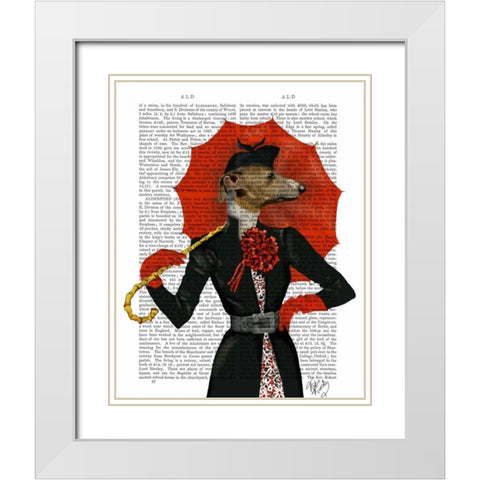Elegant Greyhound and Red Umbrella White Modern Wood Framed Art Print with Double Matting by Fab Funky