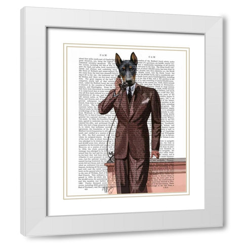 Doberman on Phone White Modern Wood Framed Art Print with Double Matting by Fab Funky