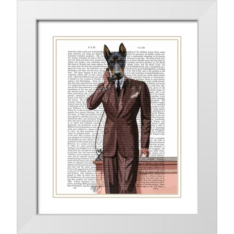 Doberman on Phone White Modern Wood Framed Art Print with Double Matting by Fab Funky