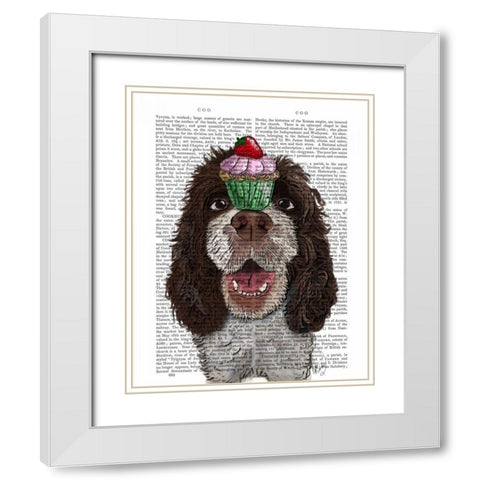 Springer Spaniel with Cupcake White Modern Wood Framed Art Print with Double Matting by Fab Funky