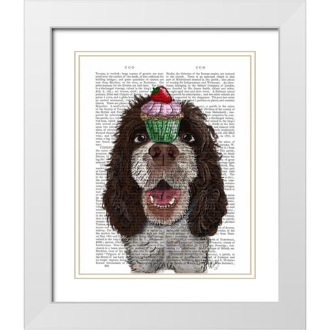 Springer Spaniel with Cupcake White Modern Wood Framed Art Print with Double Matting by Fab Funky