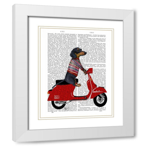 Dachshund on a Moped White Modern Wood Framed Art Print with Double Matting by Fab Funky