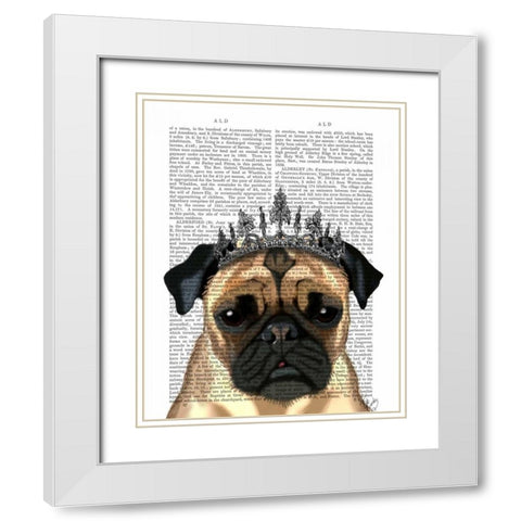 Pug With Tiara White Modern Wood Framed Art Print with Double Matting by Fab Funky