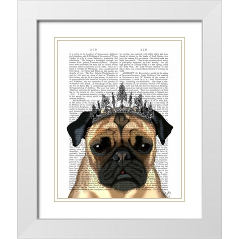 Pug With Tiara White Modern Wood Framed Art Print with Double Matting by Fab Funky