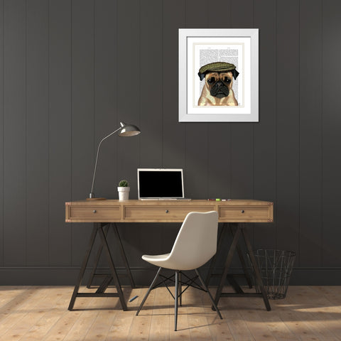 Pug in Flat Cap White Modern Wood Framed Art Print with Double Matting by Fab Funky