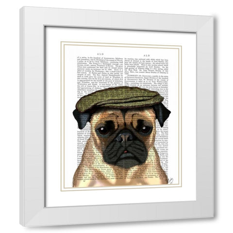 Pug in Flat Cap White Modern Wood Framed Art Print with Double Matting by Fab Funky