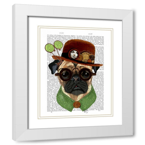 Pug with Steampunk Bowler Hat White Modern Wood Framed Art Print with Double Matting by Fab Funky