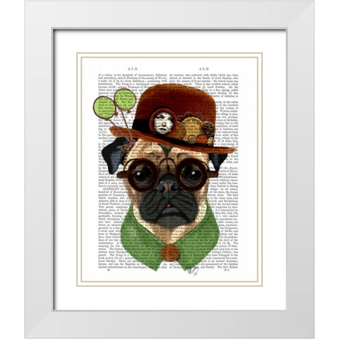Pug with Steampunk Bowler Hat White Modern Wood Framed Art Print with Double Matting by Fab Funky