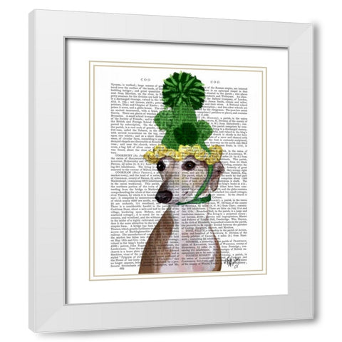 Greyhound in Green Knitted Hat White Modern Wood Framed Art Print with Double Matting by Fab Funky