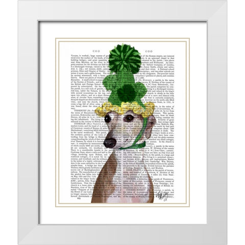 Greyhound in Green Knitted Hat White Modern Wood Framed Art Print with Double Matting by Fab Funky