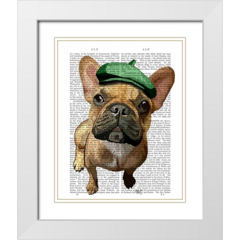 Brown French Bulldog with Green Hat White Modern Wood Framed Art Print with Double Matting by Fab Funky