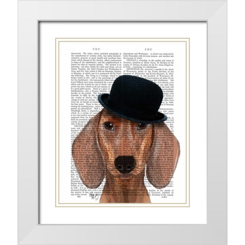 Dachshund with Black Bowler Hat White Modern Wood Framed Art Print with Double Matting by Fab Funky