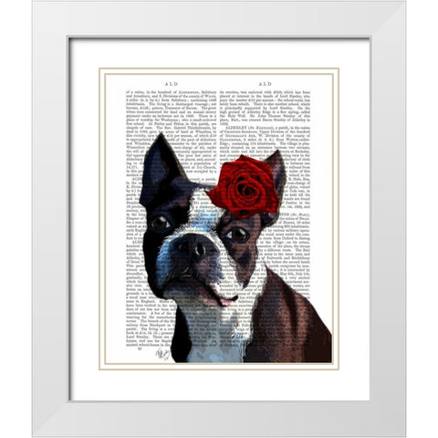 Boston Terrier with Rose on Head White Modern Wood Framed Art Print with Double Matting by Fab Funky