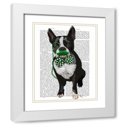 Boston Terrier With Green Moustache And Spotty Green Bow Tie White Modern Wood Framed Art Print with Double Matting by Fab Funky