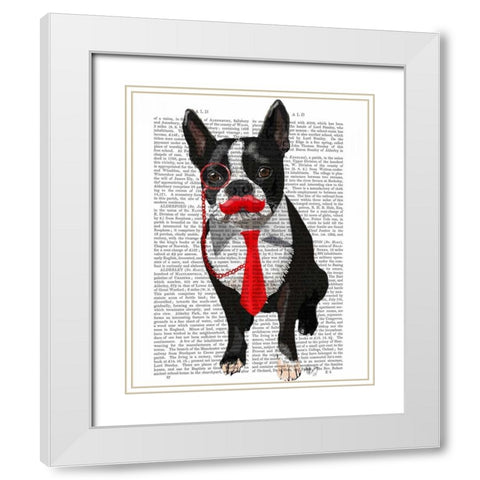Boston Terrier With Red Tie and Moustache White Modern Wood Framed Art Print with Double Matting by Fab Funky