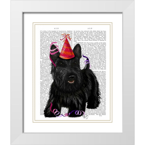 Scottish Terrier and Party Hat White Modern Wood Framed Art Print with Double Matting by Fab Funky