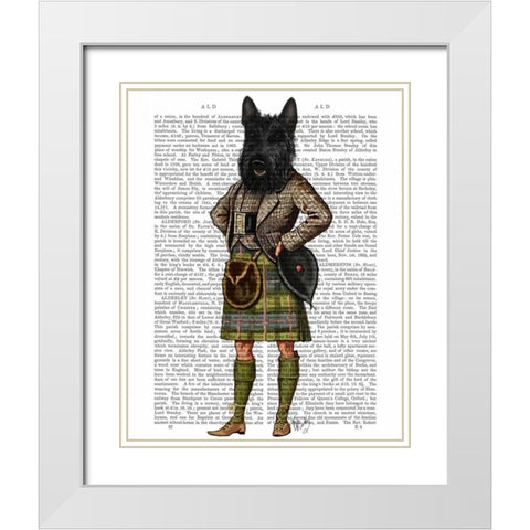 Scottish Terrier in Kilt White Modern Wood Framed Art Print with Double Matting by Fab Funky