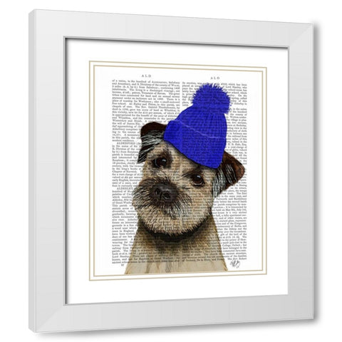 Border Terrier with Blue Bobble Hat White Modern Wood Framed Art Print with Double Matting by Fab Funky