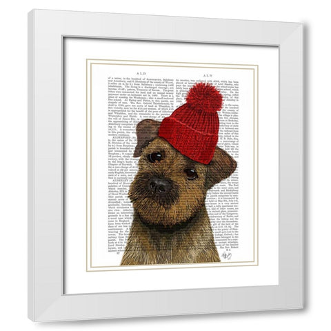 Border Terrier with Red Bobble Hat White Modern Wood Framed Art Print with Double Matting by Fab Funky