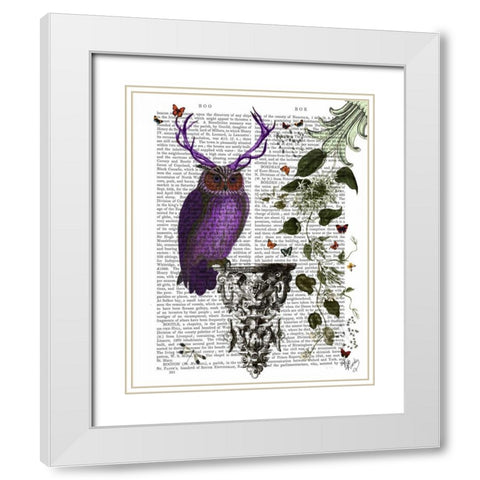 Purple Owl With Antlers White Modern Wood Framed Art Print with Double Matting by Fab Funky