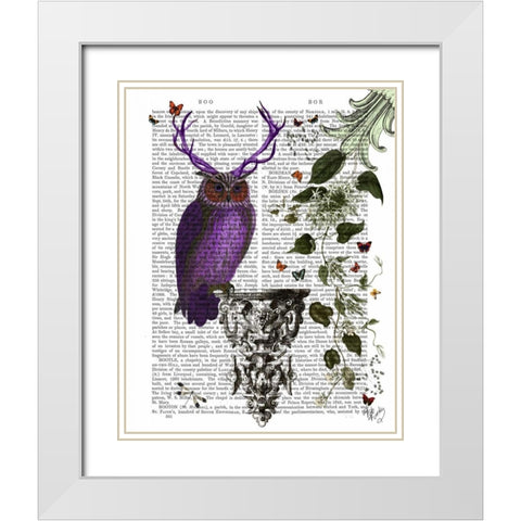 Purple Owl With Antlers White Modern Wood Framed Art Print with Double Matting by Fab Funky