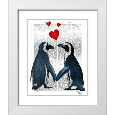 Penguins With Love Hearts White Modern Wood Framed Art Print with Double Matting by Fab Funky